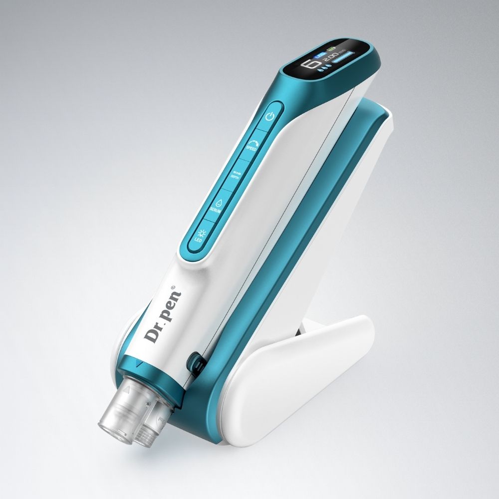 Dr.pen H6 professional microneedling pen in white and teal with LED display and charging stand.