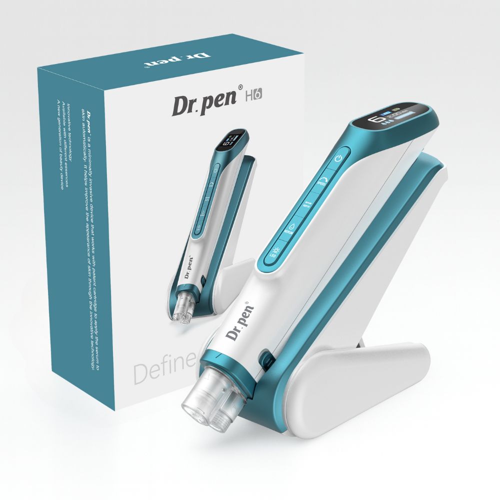 Dr.pen H6 professional microneedling pen with LED light therapy, serum infusion, and sleek teal/white design.