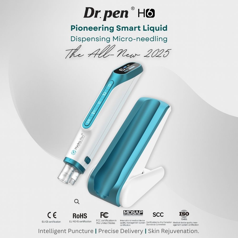 Dr.pen H6 professional microneedling pen with LED light therapy, serum infusion, and sleek white and teal design.