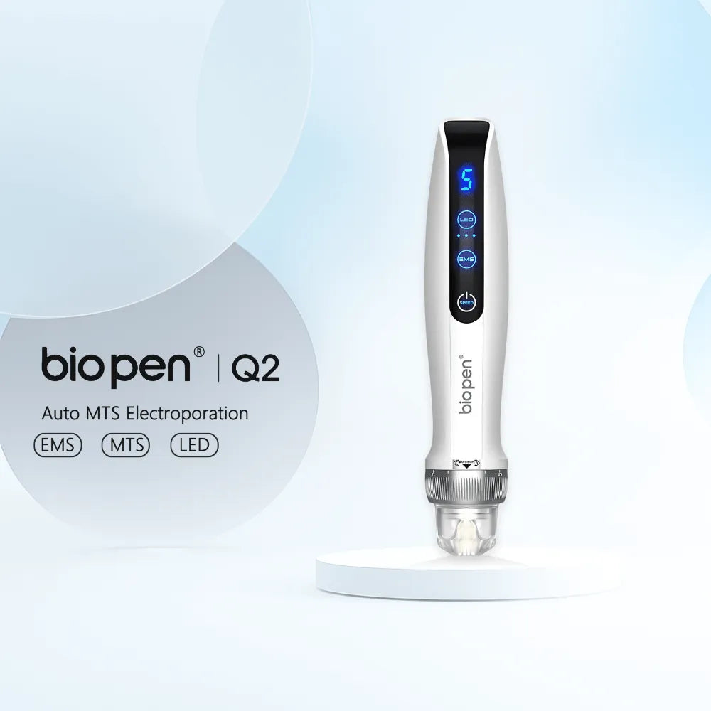 Sleek white Dr.pen Q2 EMS LED Micro Current Pen with blue digital display and control buttons.