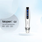 Sleek white Dr.pen Q2 EMS LED Micro Current Pen with blue digital display and control buttons.