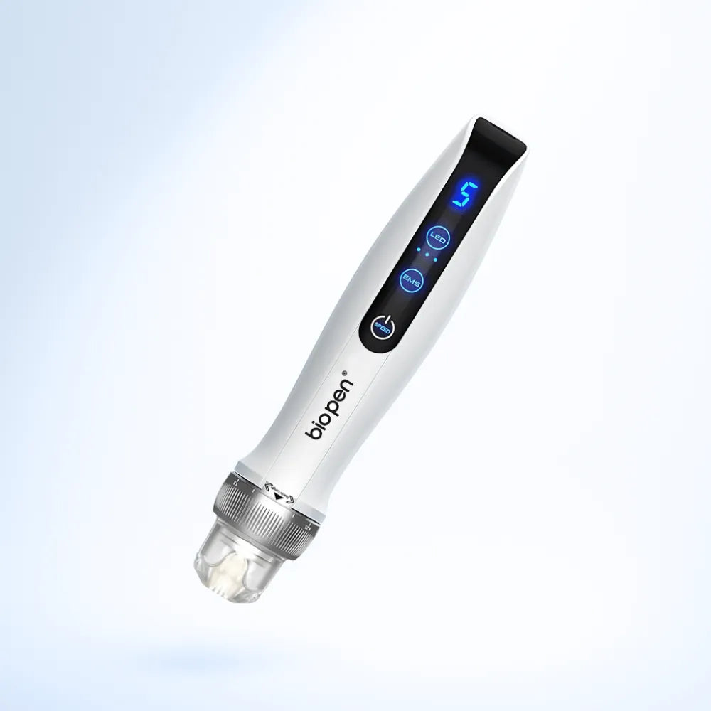 Sleek white Dr.pen Q2 with blue LED, EMS, and power indicators, showcasing its modern design.