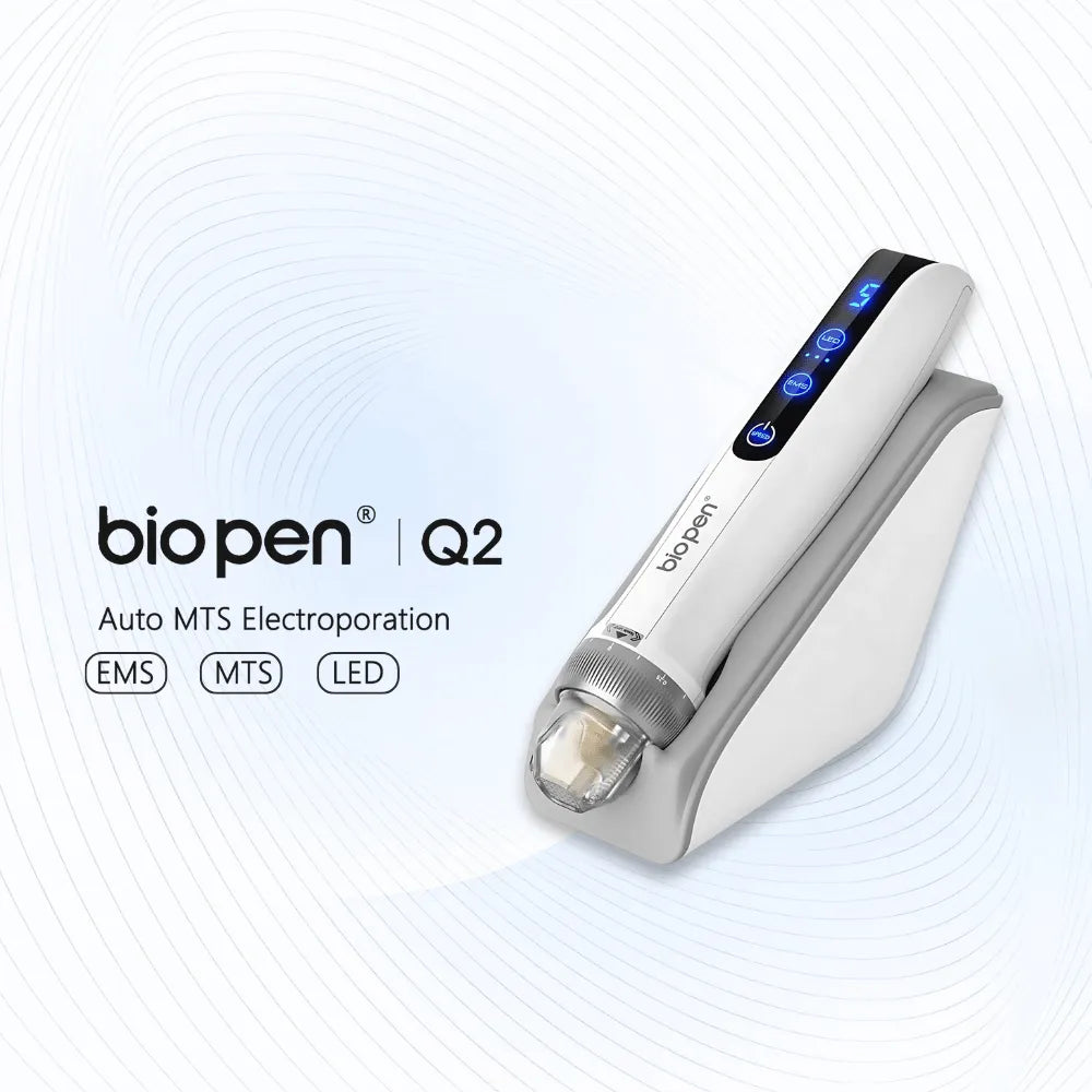 Sleek white Dr.pen Q2 EMS LED Micro Current Pen with blue lights on its charging stand.