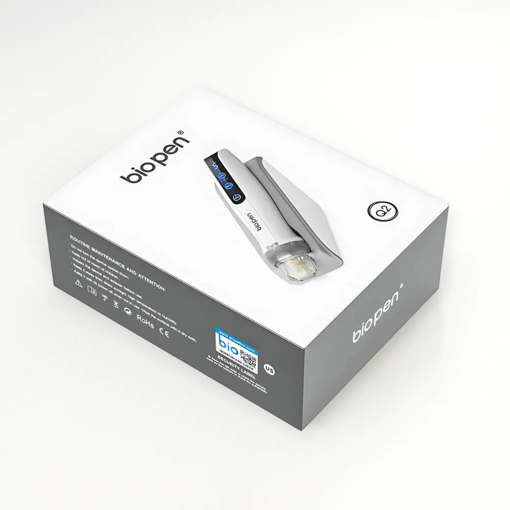 Dr.pen Q2 EMS LED Micro Current Pen in sleek white packaging, showcasing the silver and white device.