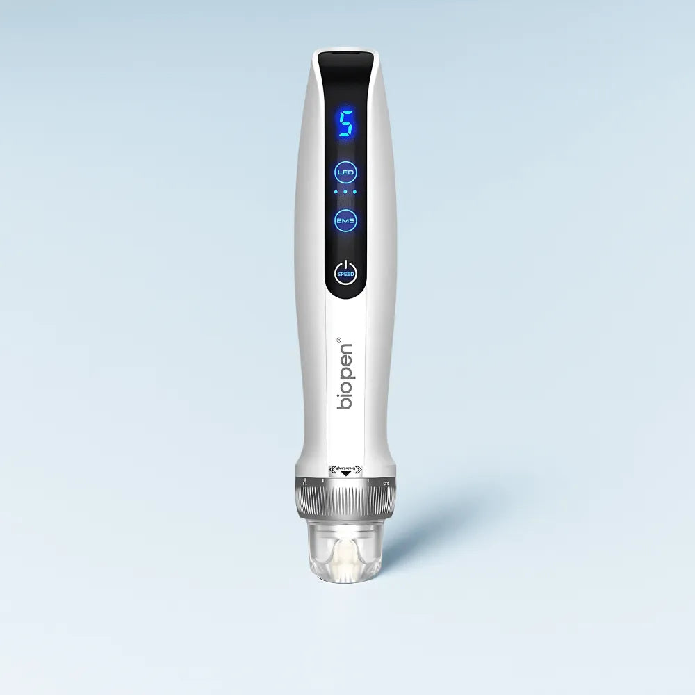 Sleek white Dr.pen Q2 EMS LED Micro Current Pen with digital display and clear microneedling head.