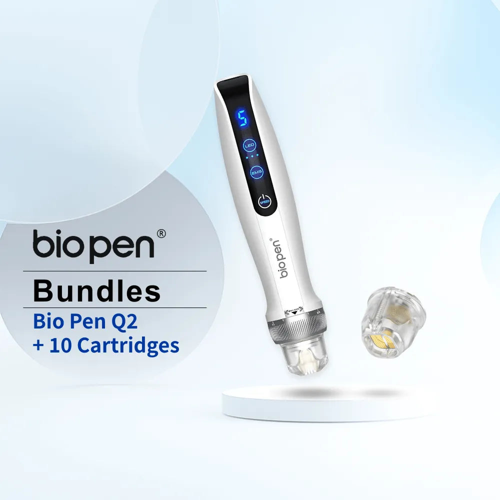 Sleek white Dr.pen Q2 EMS LED Micro Current Pen with blue display and a clear cartridge.