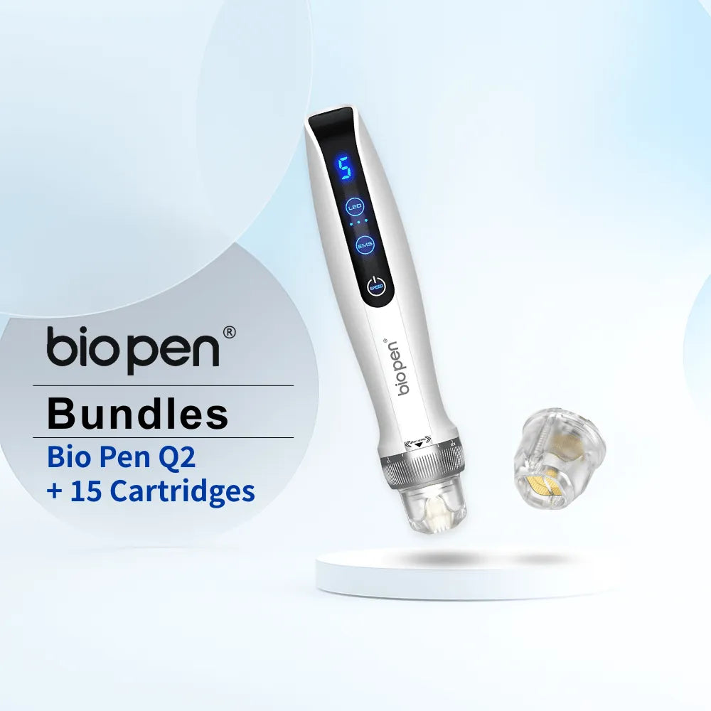 Sleek white Dr.pen Q2 EMS LED Micro Current Pen with digital display and a cartridge, ready for skincare.