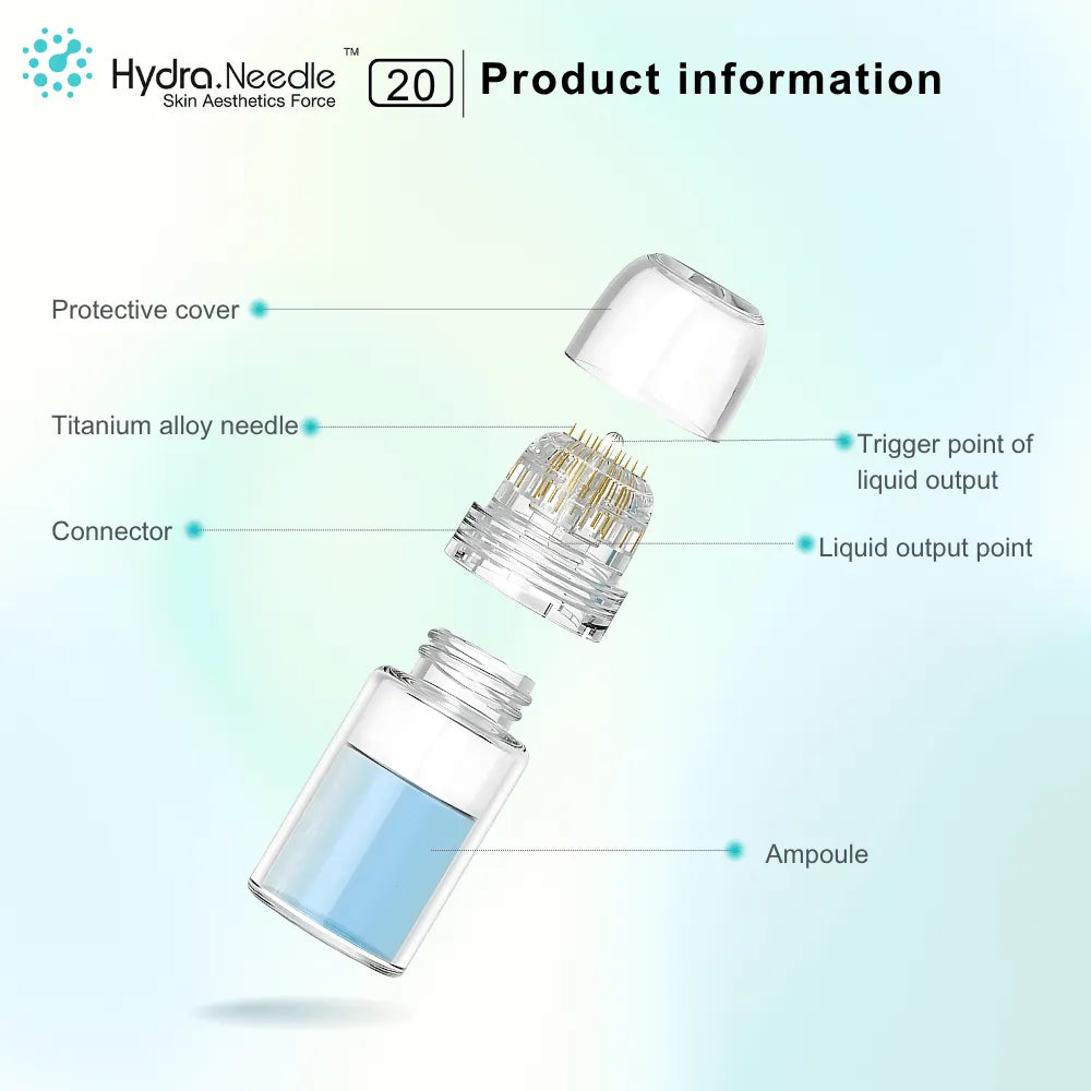 HN20 Derma Stamp: disassembled microneedling tool with 20 titanium pins, clear protective cover, and serum vial.