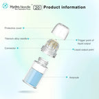HN20 Derma Stamp: disassembled microneedling tool with 20 titanium pins, clear protective cover, and serum vial.
