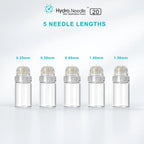 Hydra Needle 20 Derma Stamp with 20 titanium pins, shown in 5 needle lengths from 0.25mm to 1.50mm.