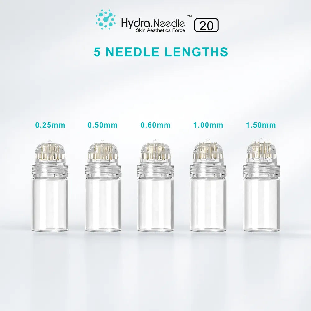 Hydra Needle 20 Derma Stamp with 20 titanium pins, shown in 5 needle lengths from 0.25mm to 1.50mm.