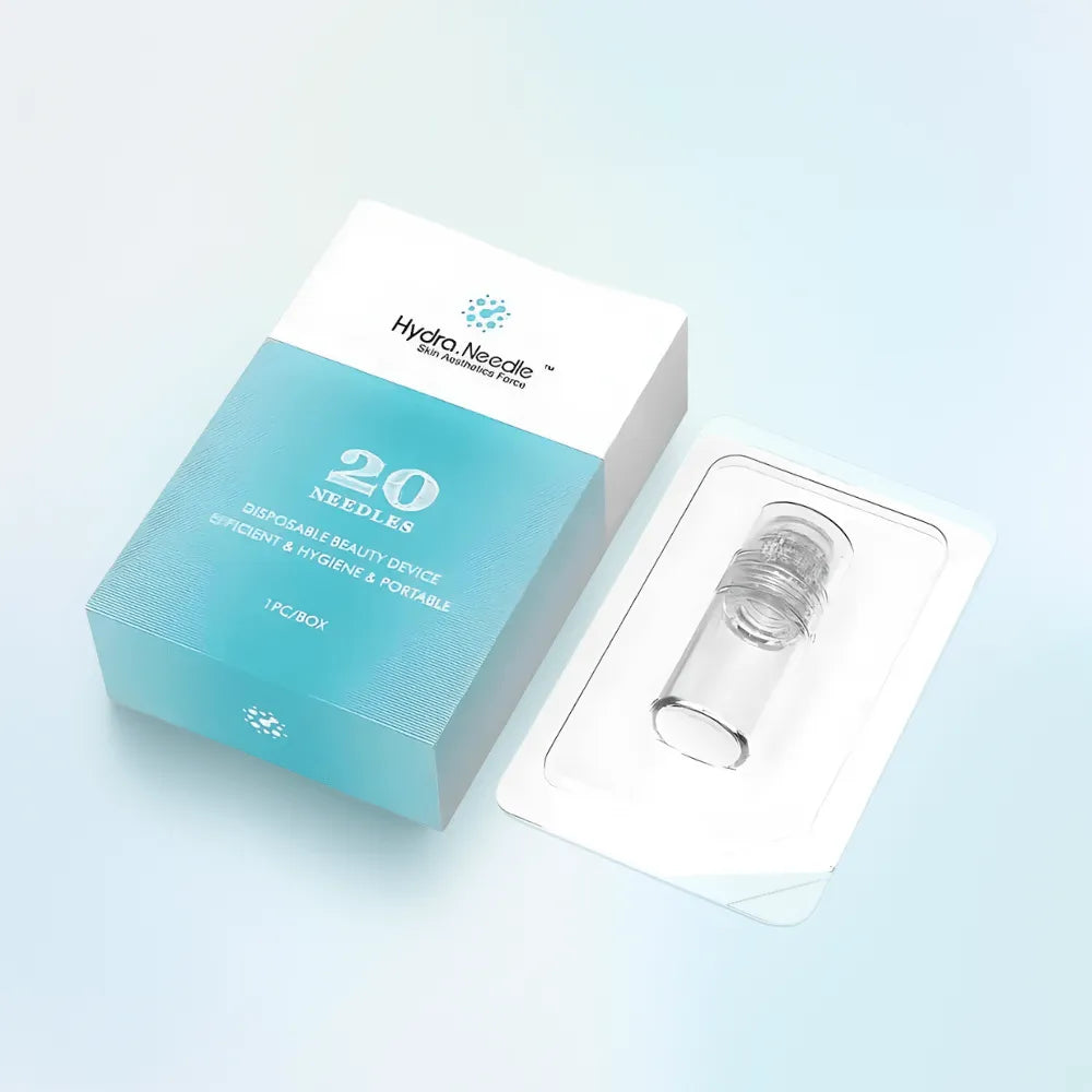 HN20 Derma Stamp with 20 titanium pins, 5ml glass vial, and sleek white & blue packaging.