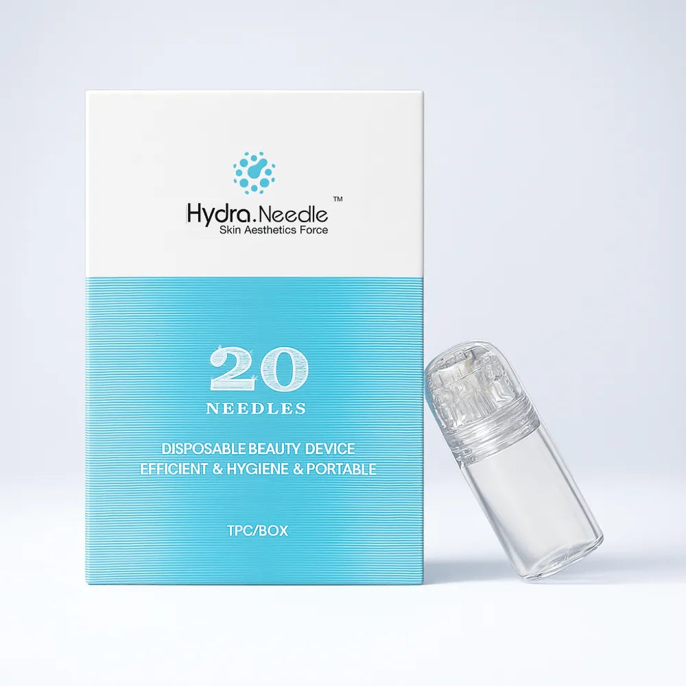 HN20 Hydra Needle Stamp with 20 titanium pins and clear serum vial, next to its white and blue box.