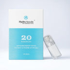 HN20 Hydra Needle Stamp with 20 titanium pins and clear serum vial, next to its white and blue box.
