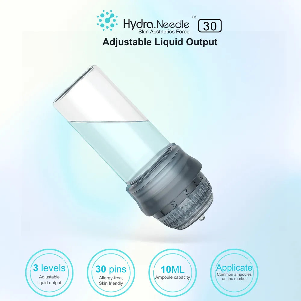 HN30 Hydra Needle derma stamp with clear serum ampoule, adjustable flow control, and 30 titanium microneedles.