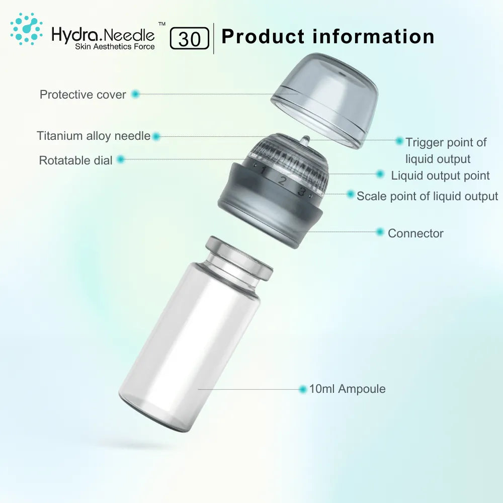 Exploded view of the HN30 Derma Stamp, showcasing its clear protective cover, titanium needles, rotatable dial, and 10ml ampoule.