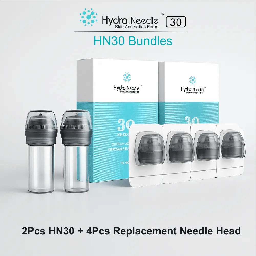 HN30 Derma Stamp bundle: 2 clear microneedling devices with gray caps, plus 4 replacement needle heads in white packaging.