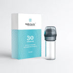 HN30 Derma Stamp with 30 titanium microneedles and clear serum ampoule, next to its white and blue box.