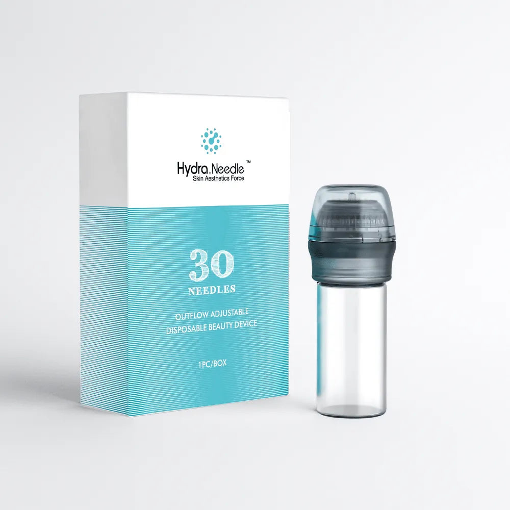 HN30 Derma Stamp with 30 titanium microneedles and clear serum ampoule, next to its white and blue box.