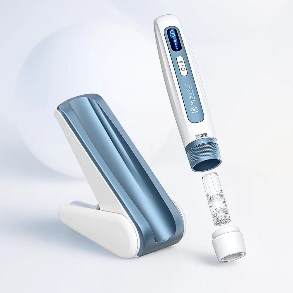 White and blue Hydra Pen H5 micro-needling device with integrated serum container, next to its sleek charging stand.