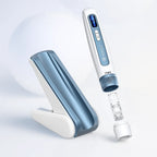 White and blue Hydra Pen H5 micro-needling device with integrated serum container, next to its sleek charging stand.