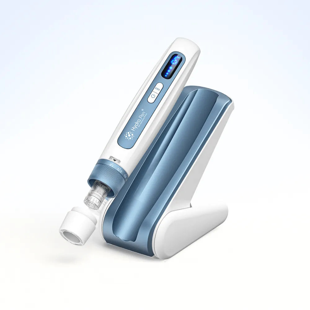 Hydra Pen H5 professional microneedling device with integrated serum container and white charging stand.