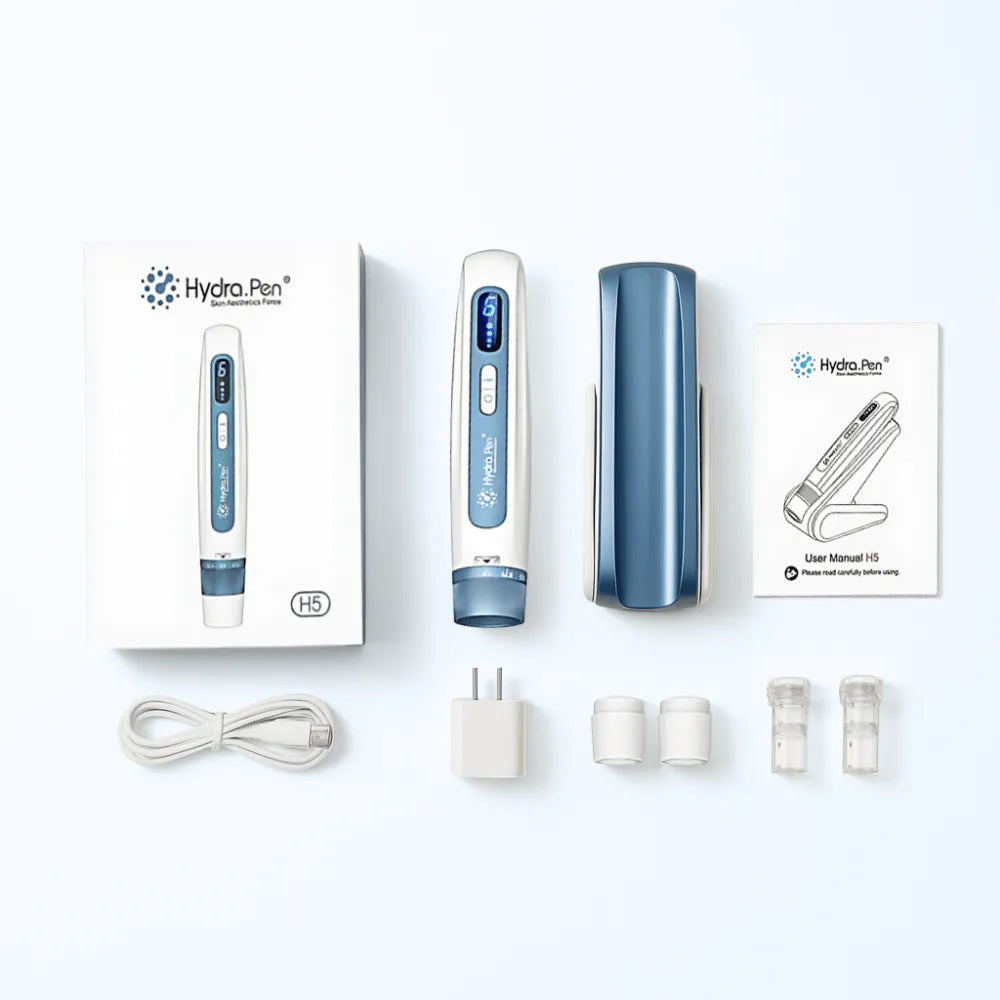 Hydra Pen H5 professional microneedling device with serum container, white and blue design, charging base, and accessories.