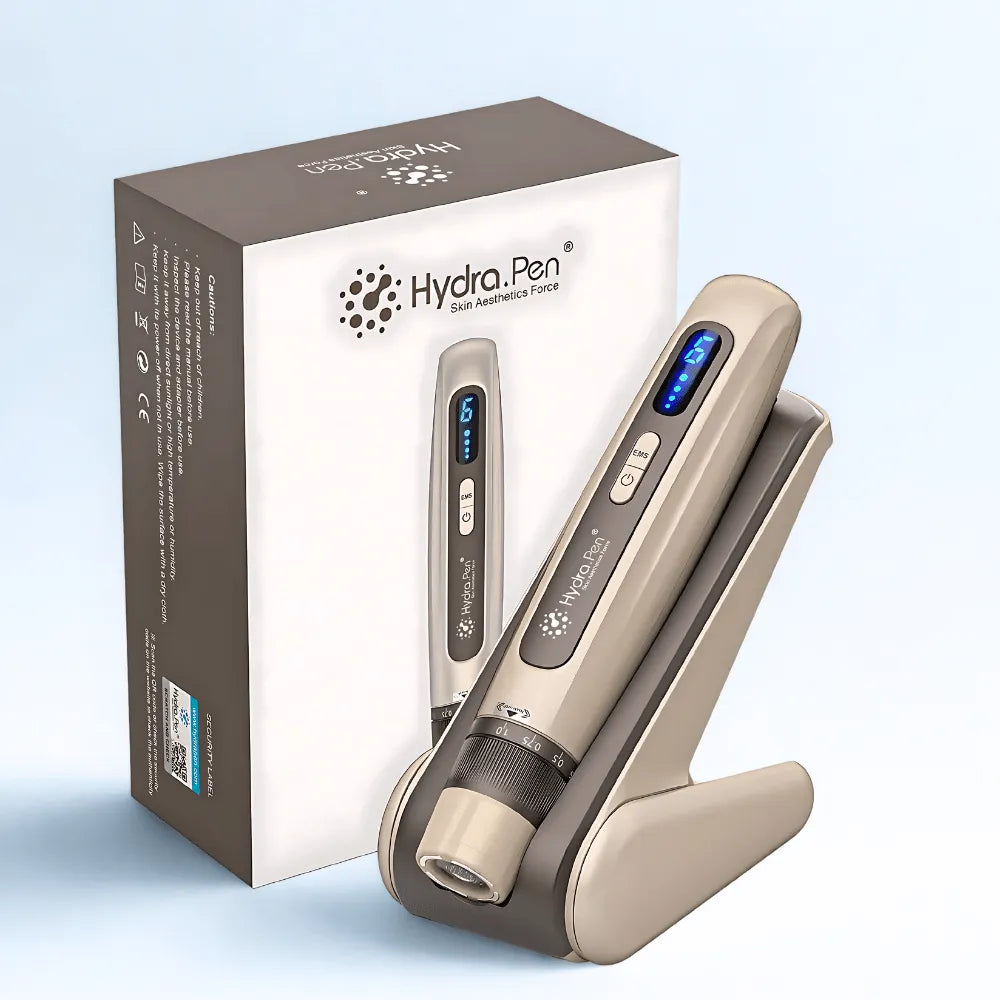 Hydra Pen H5 professional white microneedling device with serum container and charging stand.