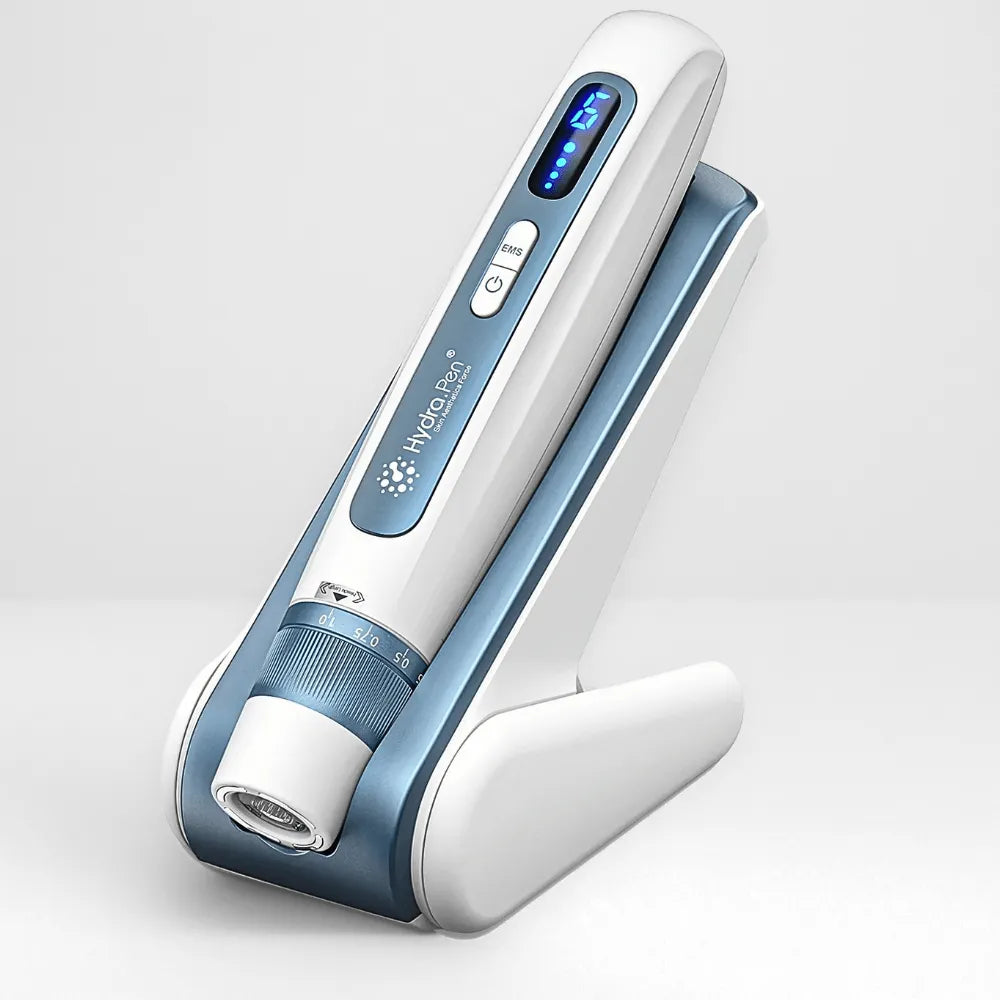 Hydra Pen H5 professional microneedling device with integrated serum container, white and blue ergonomic design.