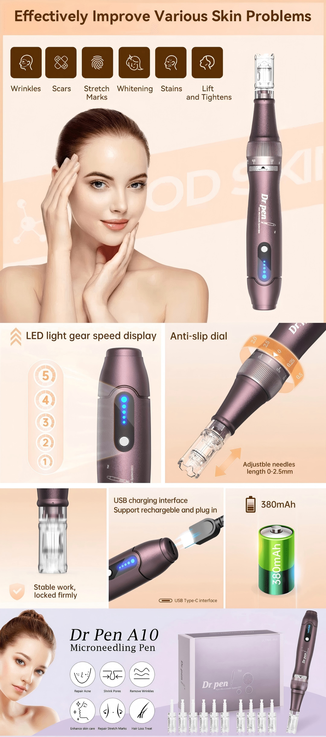 Dr Pen A10 device with features and benefits on a beige background