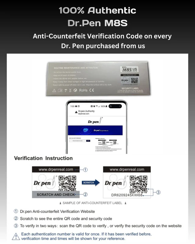 Dr. Pen M8S anti-counterfeit verification system with QR code and security code on packaging.