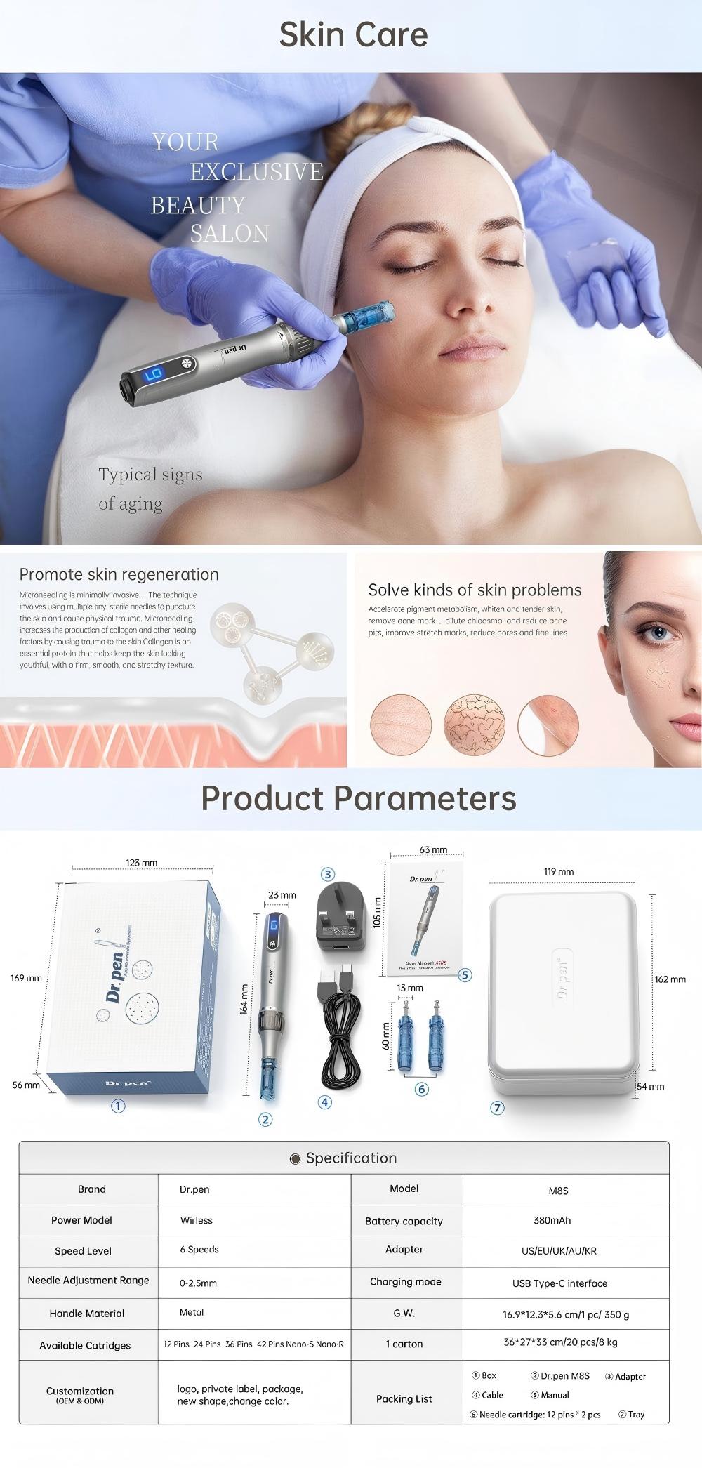 Advertisement for skin care product with a woman receiving treatment and product details.