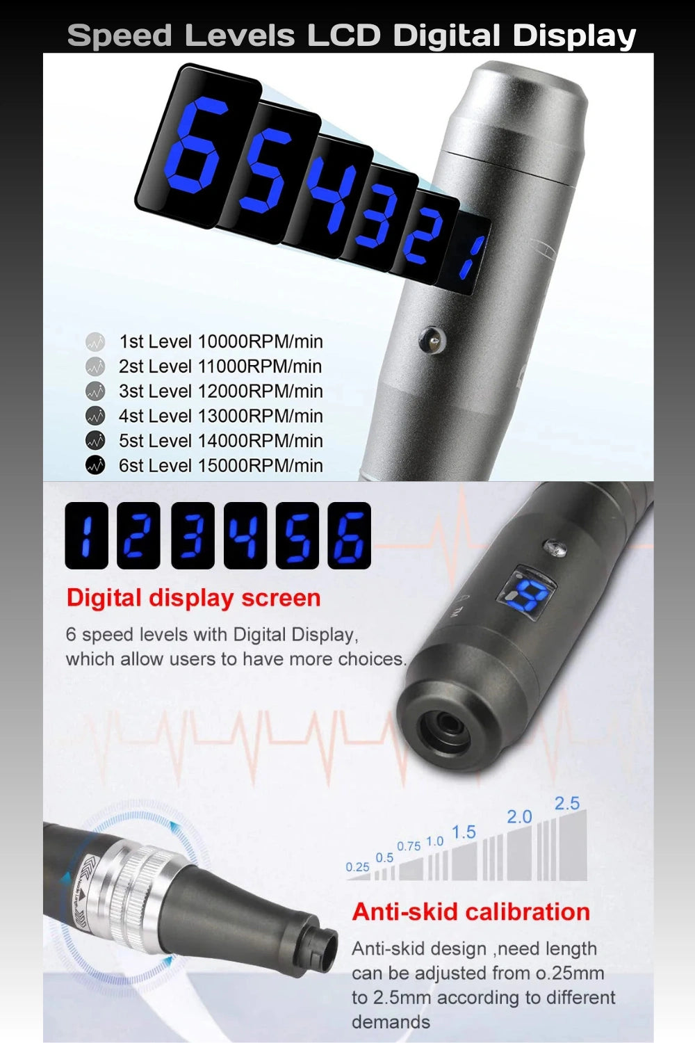 Digital display with speed levels for a tattoo machine on a white background