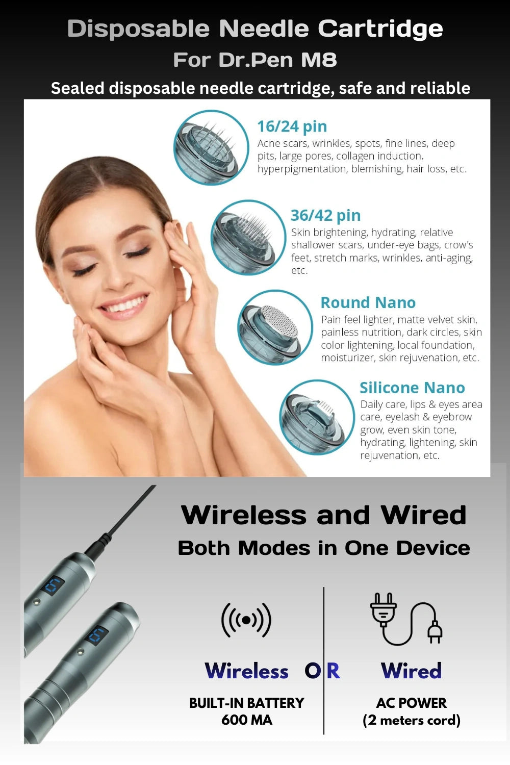 Advertisement for disposable needle cartridge for Dr. Pen M8 with product features and a woman using it.