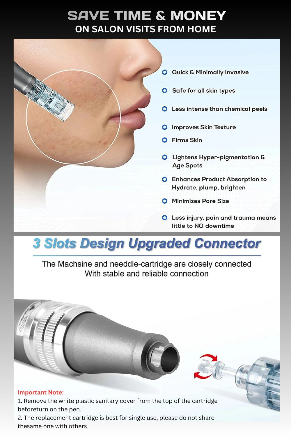 Facial rejuvenation device with needle cartridge and benefits listed on a black background