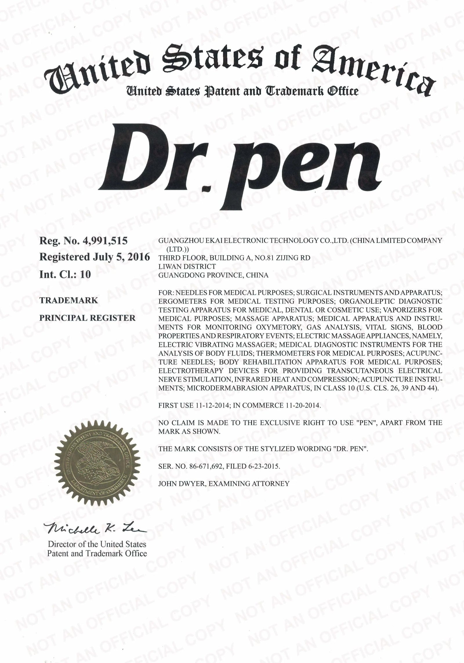 United States Patent and Trademark Office document for 'Dr. pen' with text and logo.