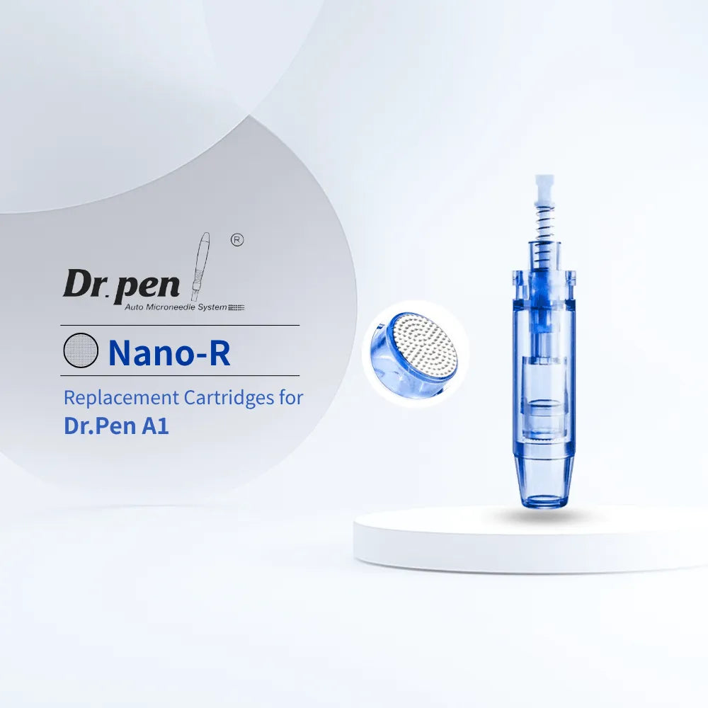 Dr. pen A1 Nano-R replacement cartridges, clear blue plastic, for effective serum absorption.
