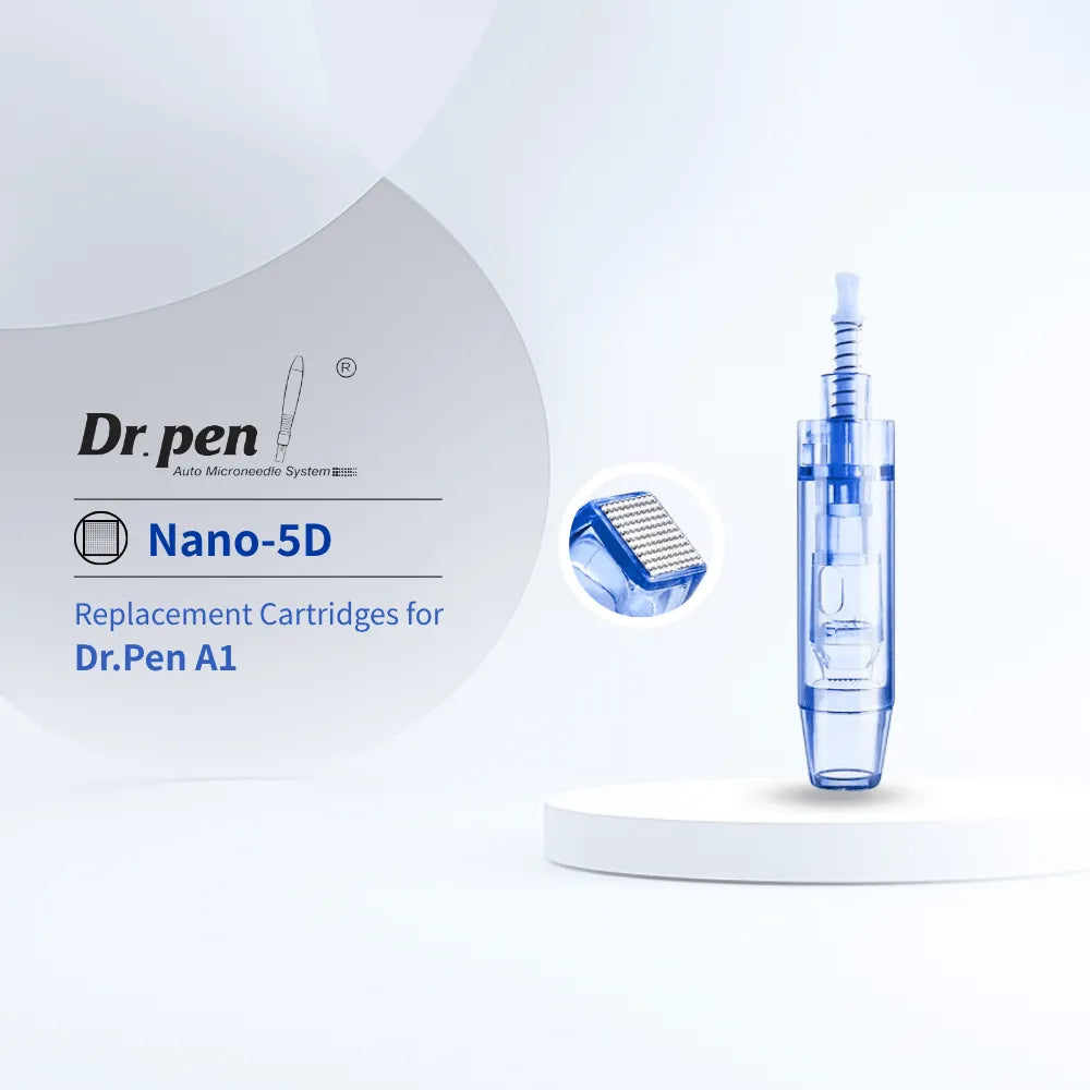 Dr. pen A1 Nano-5D replacement cartridges, clear blue plastic, for enhanced serum absorption.