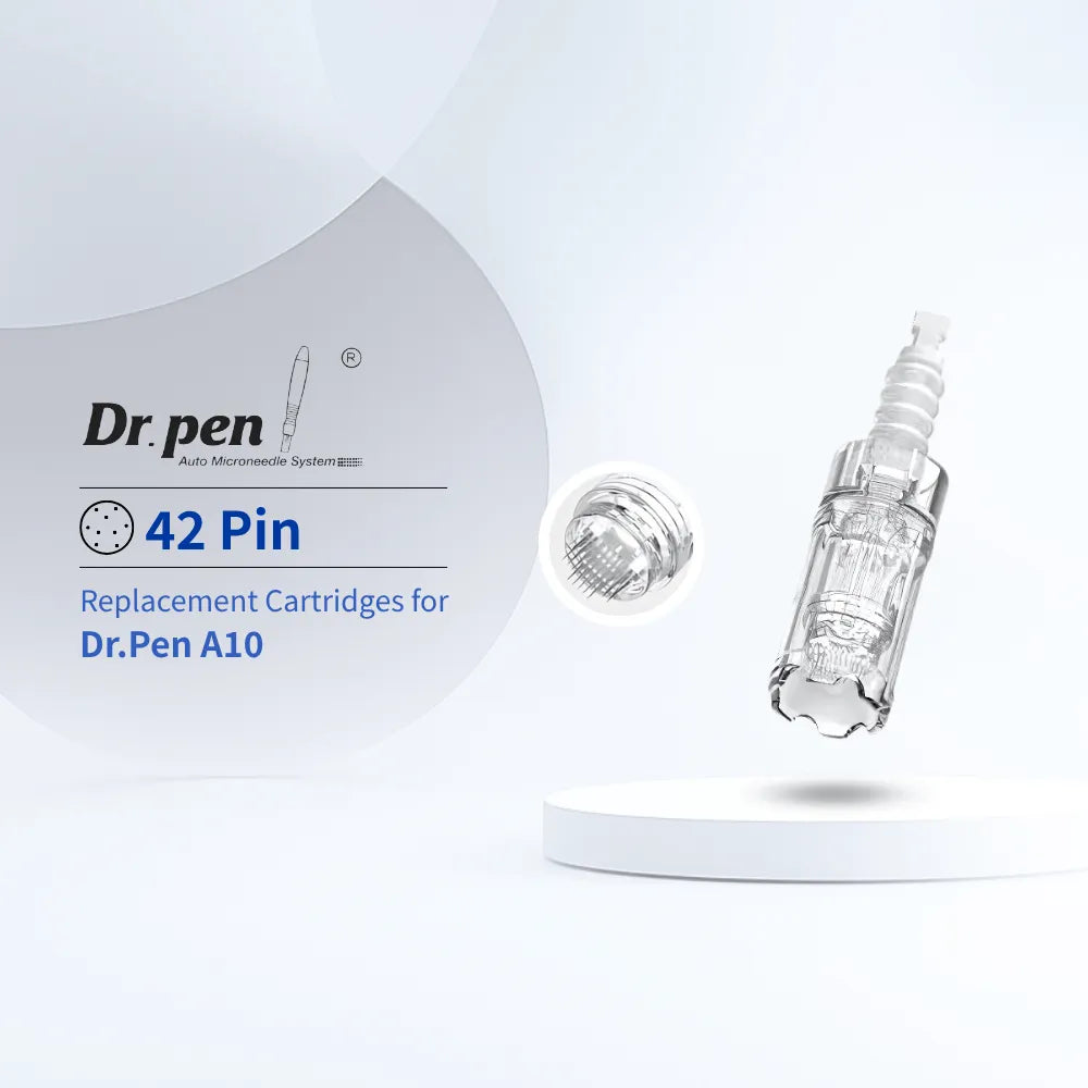 Clear Dr. pen A10 42-pin cartridge with wavy contact surface and ultra-fine titanium needles for microneedling.