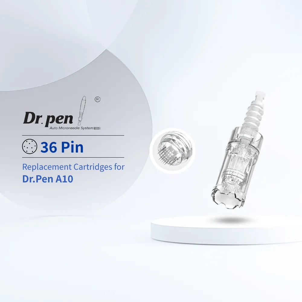 Clear Dr. pen A10 36-pin cartridge with ultra-fine titanium needles, triple-clip, and wavy contact surface.