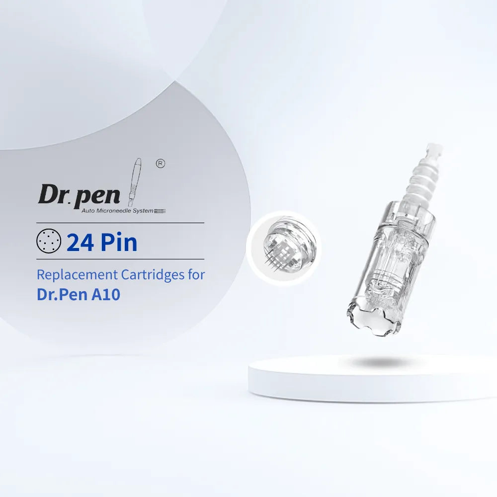 Dr. pen A10 24-pin microneedling cartridge with clear medical-grade plastic and ultra-fine titanium needles.