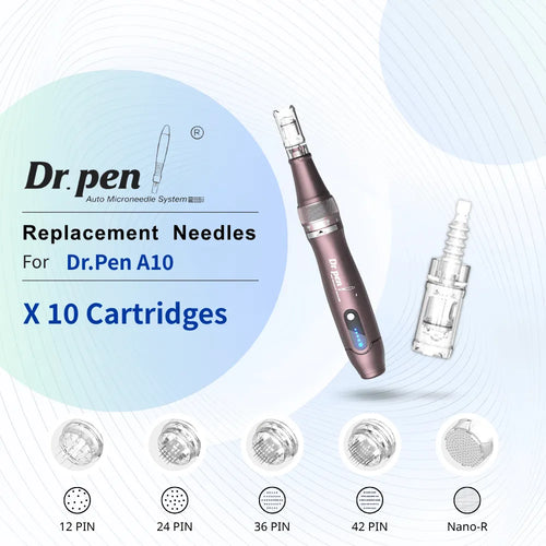 Dr. pen A10 microneedle cartridges, 10-pack, with various pin configurations for gentle skin treatments.