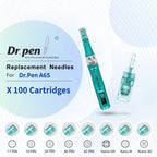 Dr. Pen A6S replacement microneedling cartridges in teal, showing 8 configurations from 11-Pin to Nano-3D.