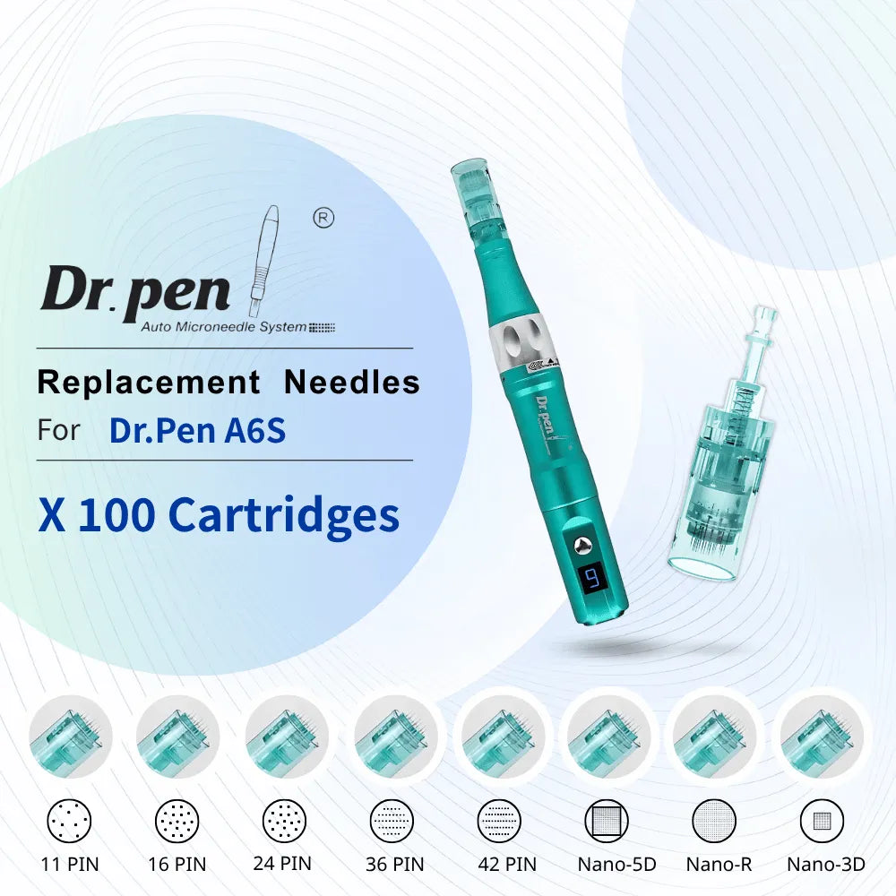 Dr. Pen A6S replacement microneedling cartridges in teal, showing 8 configurations from 11-Pin to Nano-3D.