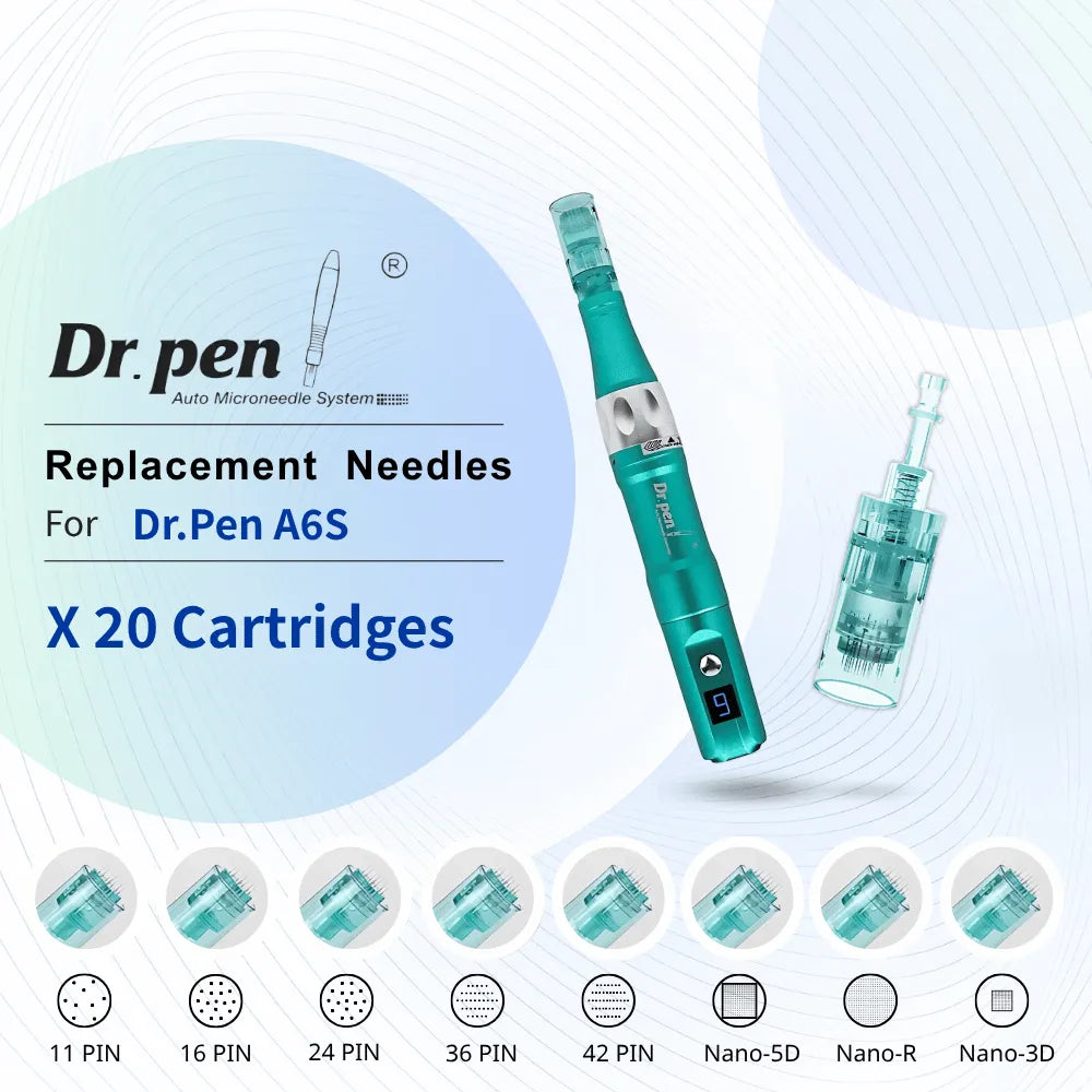 Dr. Pen A6S replacement microneedling cartridges in various pin configurations, featuring a teal device.