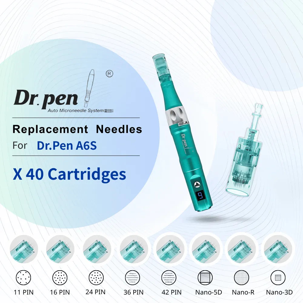 Dr. Pen A6S replacement microneedling cartridges, 40-pack, with various pin configurations and ultra-fine 0.18mm needles.