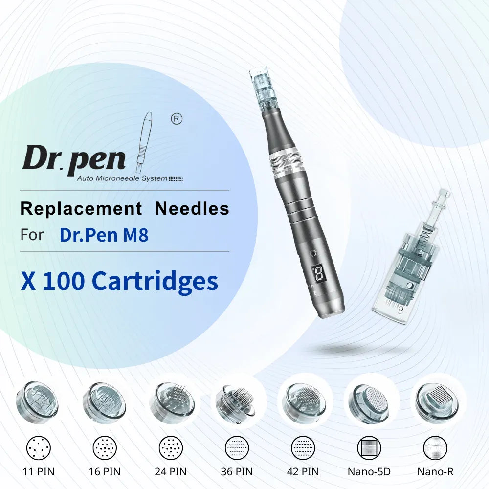 Dr. Pen M8 replacement cartridges with ultra-thin surgical-grade stainless steel needles in various pin configurations.
