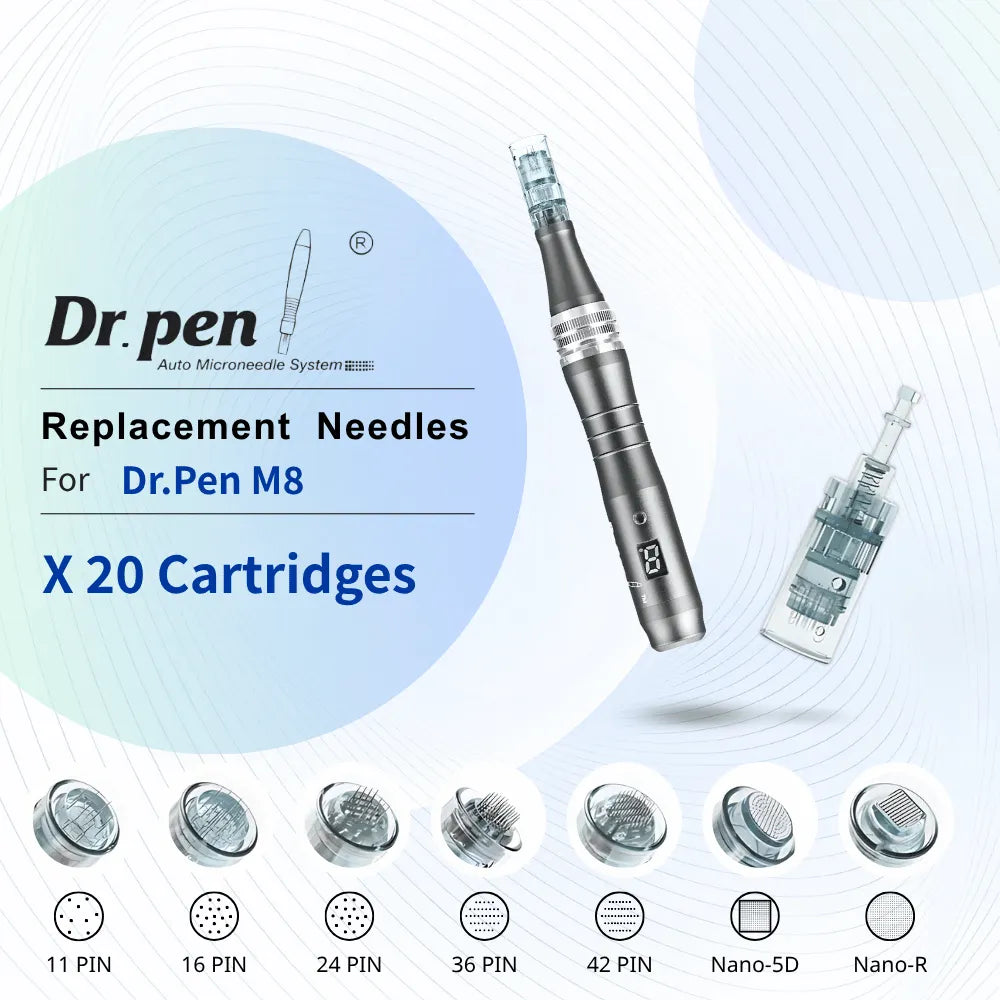 Dr. Pen M8 replacement cartridges in a 20-pack with multiple cartridge configurations.