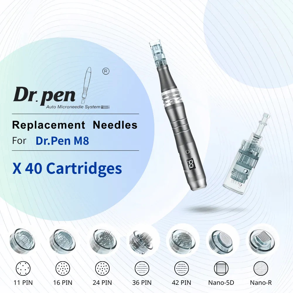 Dr. Pen M8 replacement cartridges with various pin configurations, surgical-grade stainless steel needles, and medical-grade plastic.
