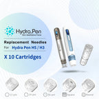 Dr.pen Hydra Pen H5/H3 replacement cartridges, 10-pack, featuring 12, 24, 36-pin, square, and round needle options.